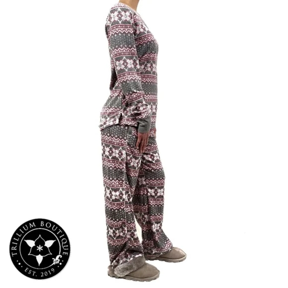 Nautica 2-Piece Pajama Set, Pink & Gray Fairisle Snowflake Winter Christmas NWT - Picture 5 of 6